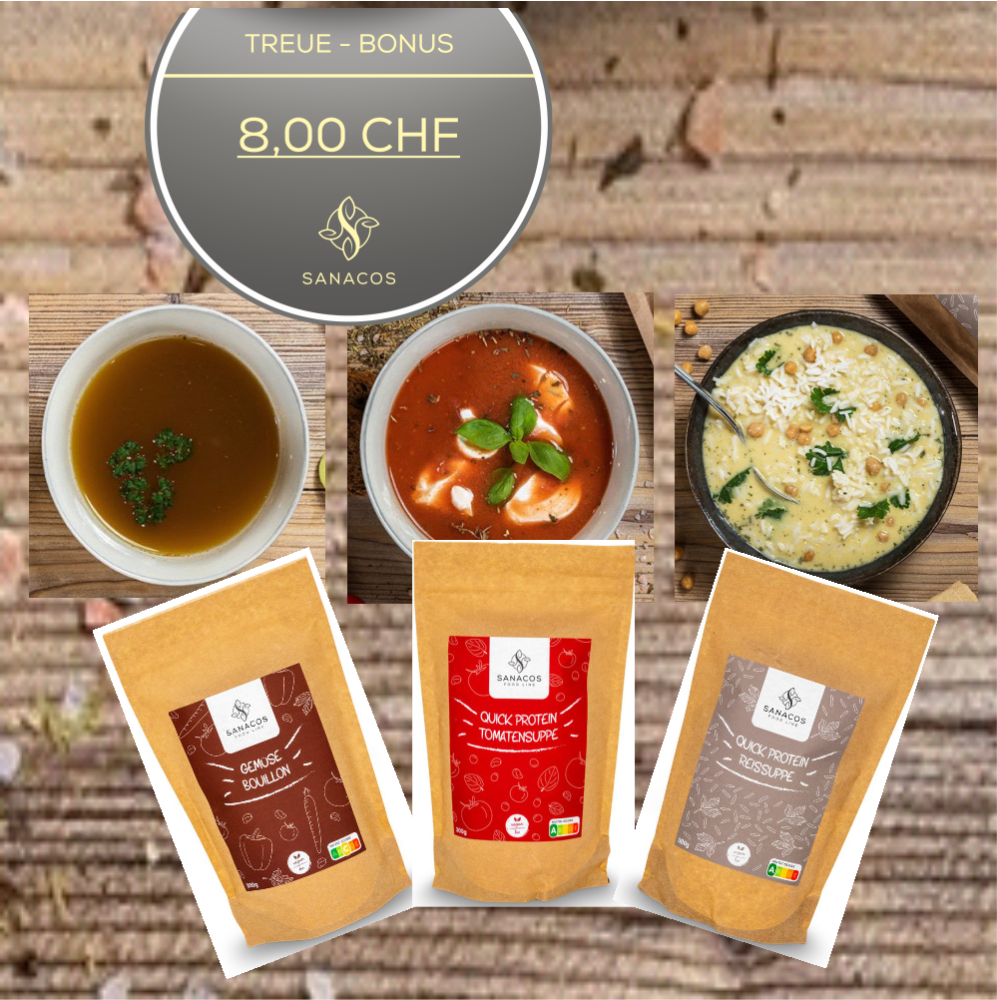 3er Set Gemüse Bouillon, Tomaten und Reissuppe SanaCos